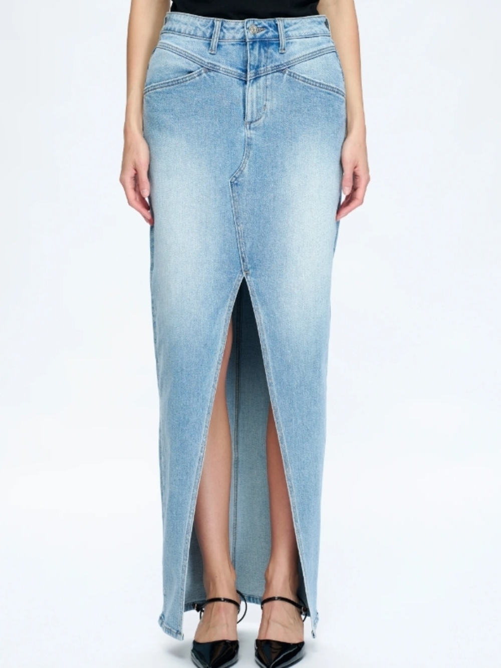 Light Blue Straight-Leg Women's Denim Skirt with Front Slit
